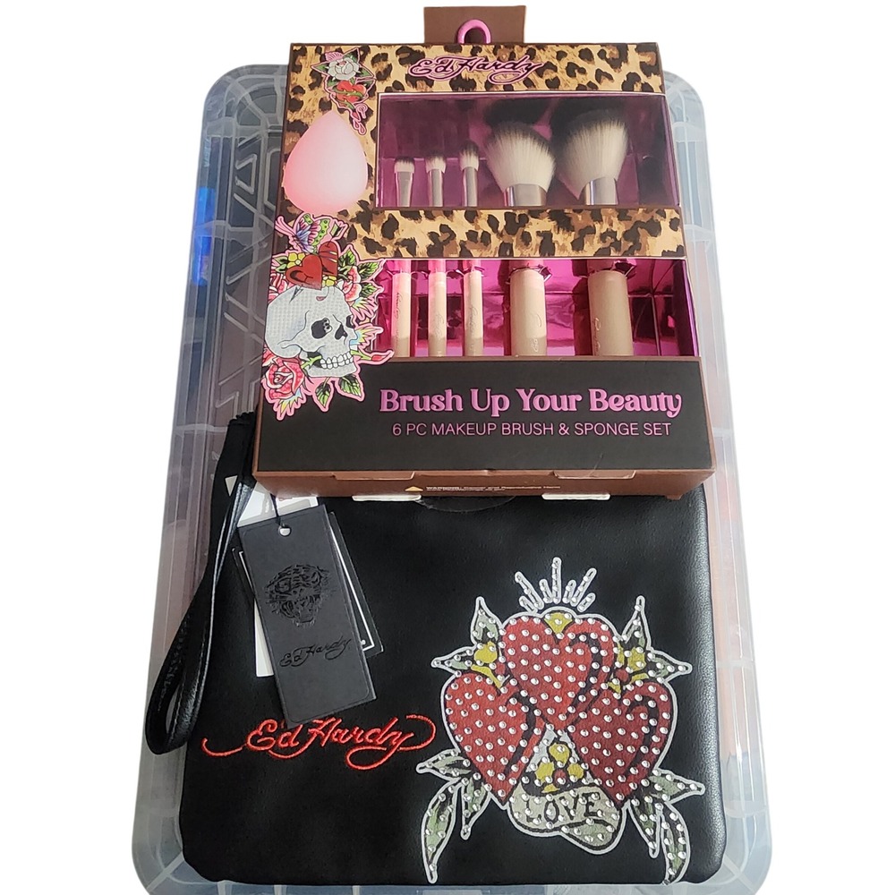 Ed Hardy 6 Pc Makeup Brush Sponge Set and Rhinestone Heart Wristlet New 2 pc